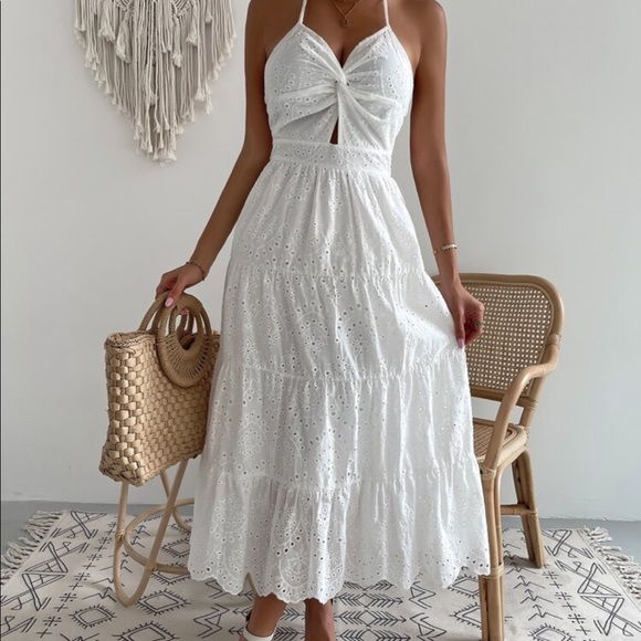 Boho White Floral Eyelet Halter Maxi Dress - Picture 3 of 8